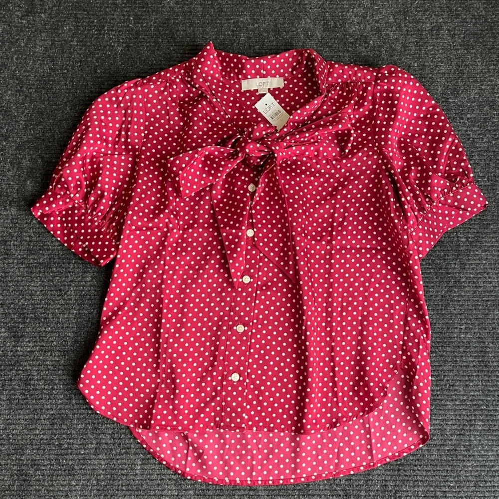 LOFT Polka Dot Blouse Womens Small Red White Tie Neck Puff Sleeve Button Up NEW